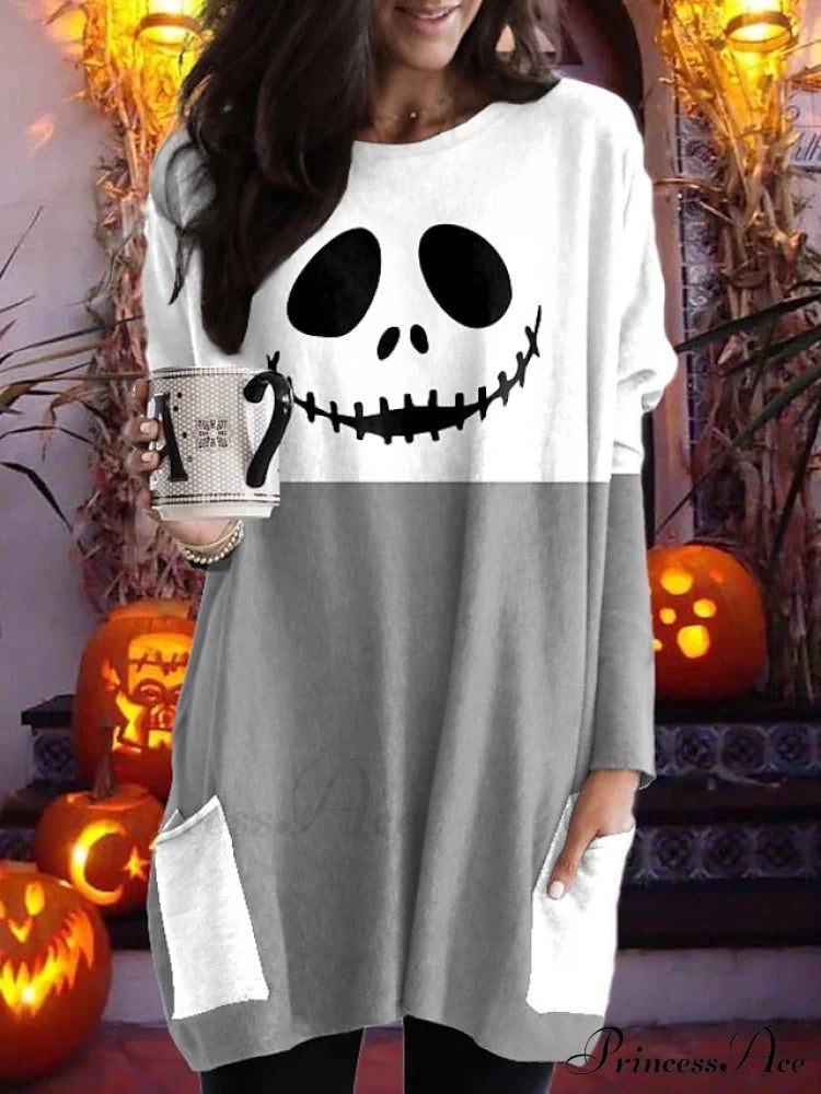 Abstract Women’s Design Black Painting Shirts Round Neck Block White Halloween Long Tunic Plaid