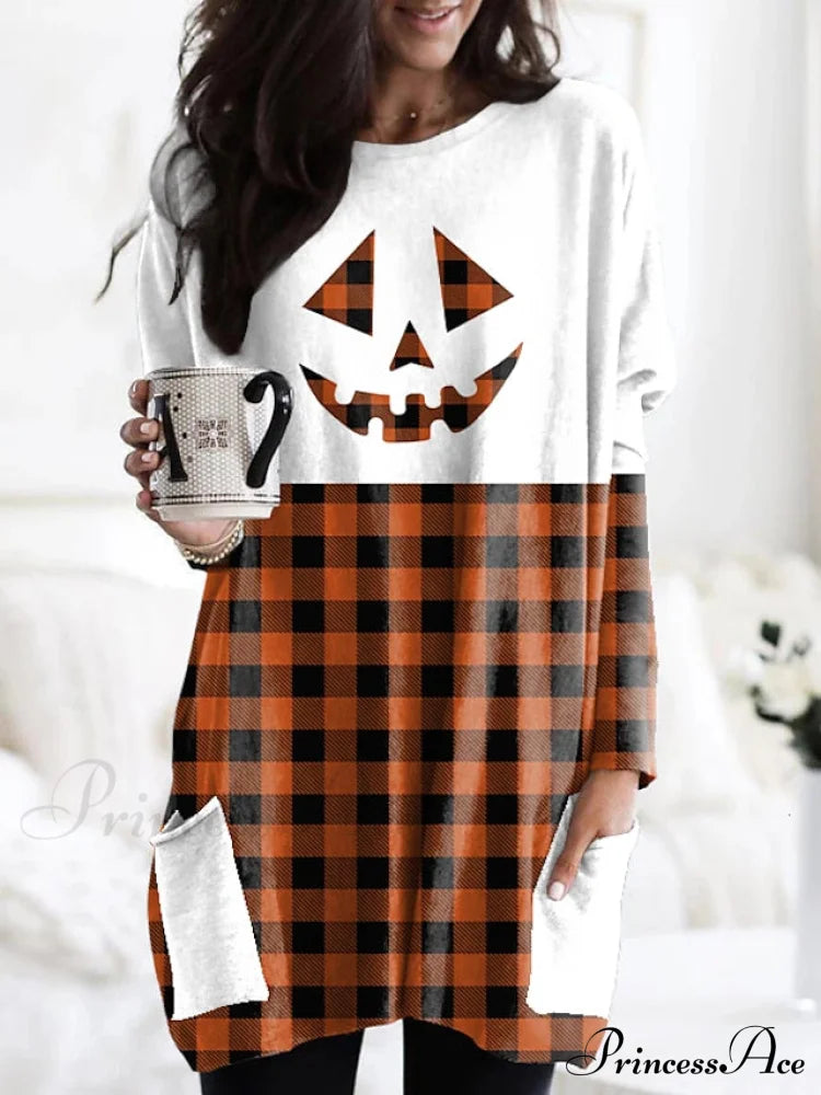 Abstract Women’s Design Black Painting Shirts Round Neck Block White Halloween Long Tunic Plaid