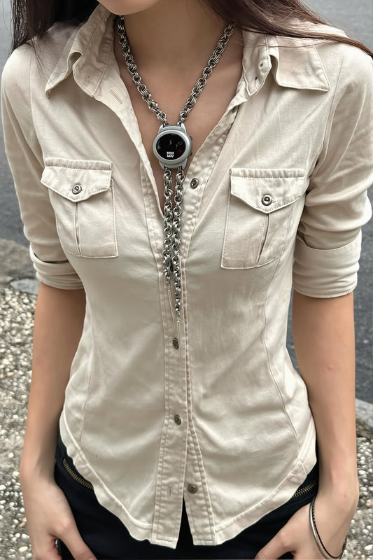 Utility Pocket Short Sleeve Collared Blouse