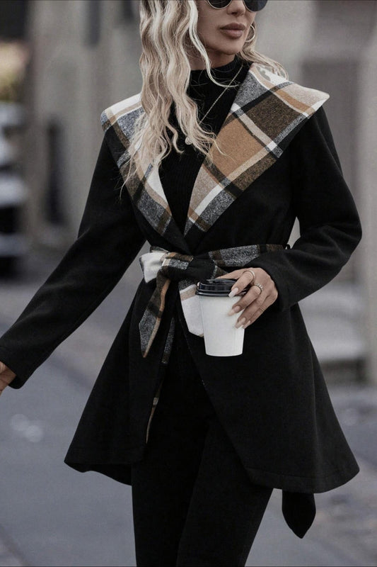 Plaid Color Block Tie Waist Wool Blend Coat