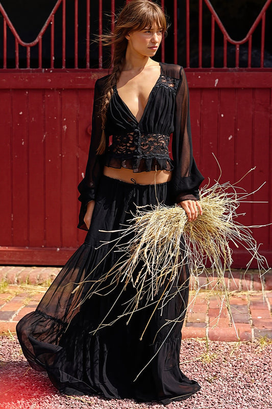 Sexy Lace Chiffon Open Front Wrap Maxi Dress