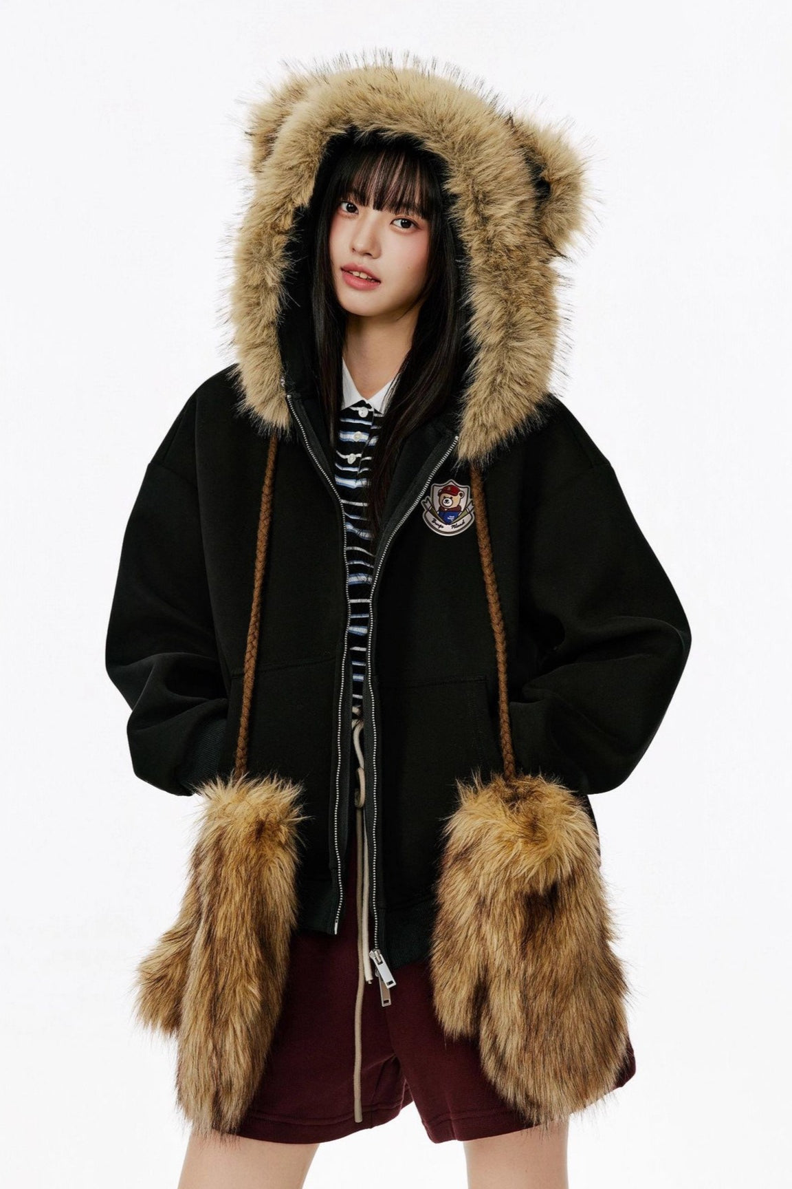 Vintage Bear Ear Fleece Collar Zip Hoodie Black / S