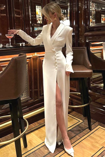 V Neck Long Sleeve High Slit Blazer Maxi Dress
