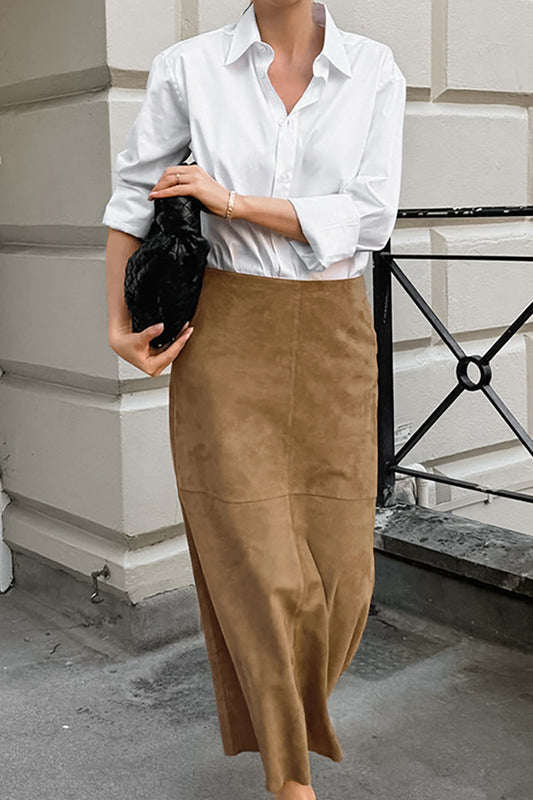 Jupe midi taille haute minimaliste française de couleur unie