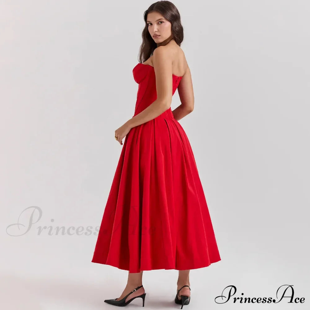 Adriana Midi A-Line Charming Strapless Corset Dress Red / M