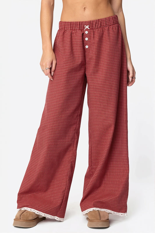 Plaid Straigh Ruffle Trim Pants