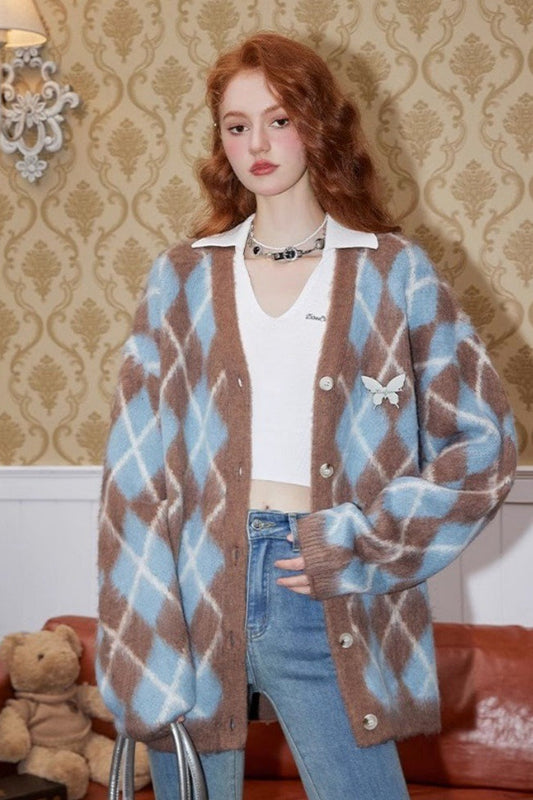 Relaxed Diamond Pattern Cardigan S / Blue