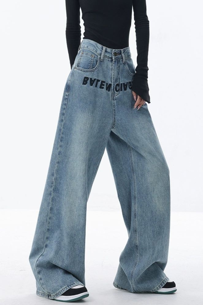 High Rise Embroidered Wide Leg Jeans