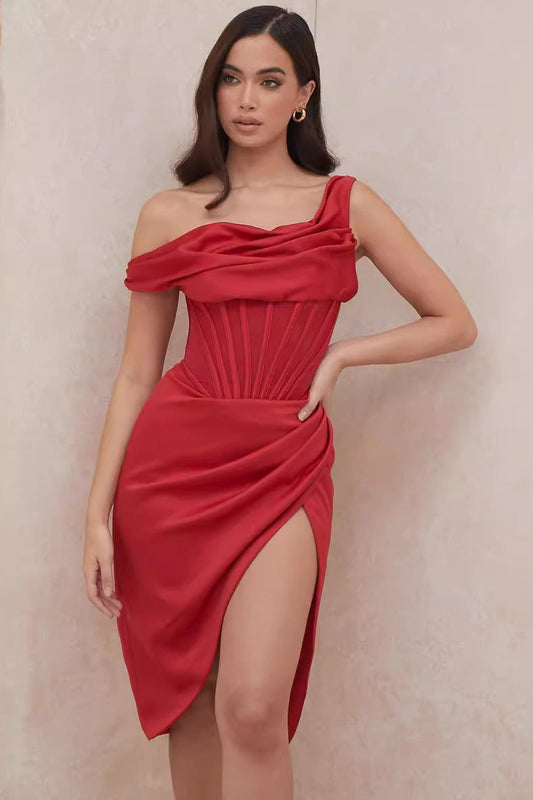One Shoulder Asymmetric Slit Party Dress