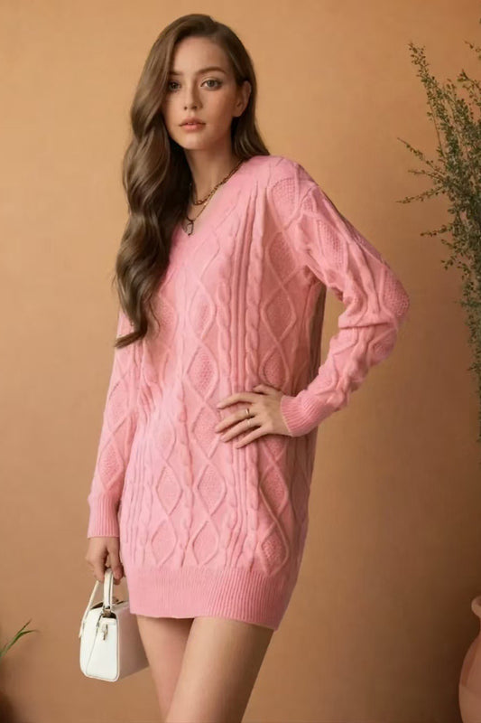 V-Neck Solid Cable-Knit Sweater Mini Dress