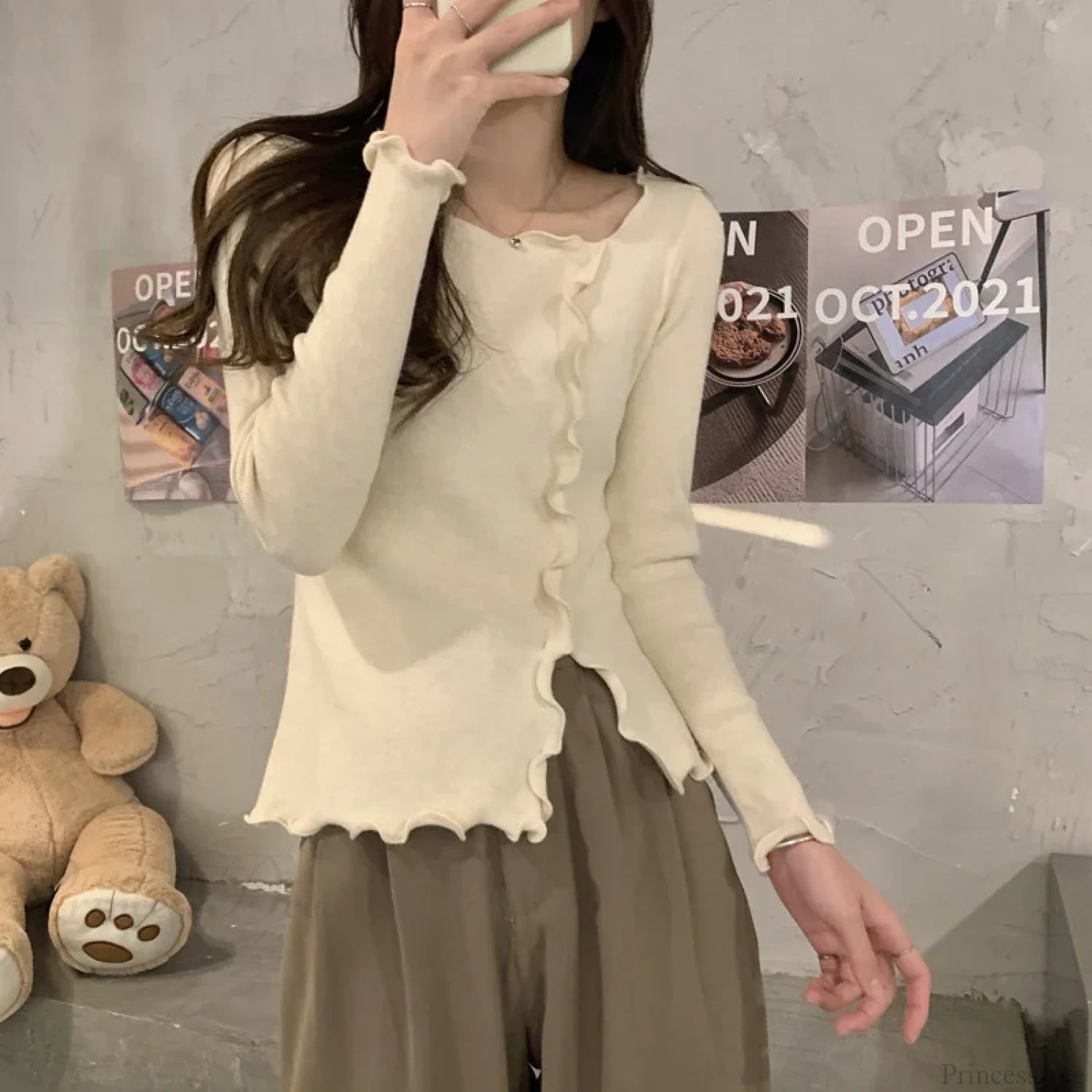 Aesthetic Irregular Ruffles Knit Crop Solid Long Sleeve Knit Top knittop-250126