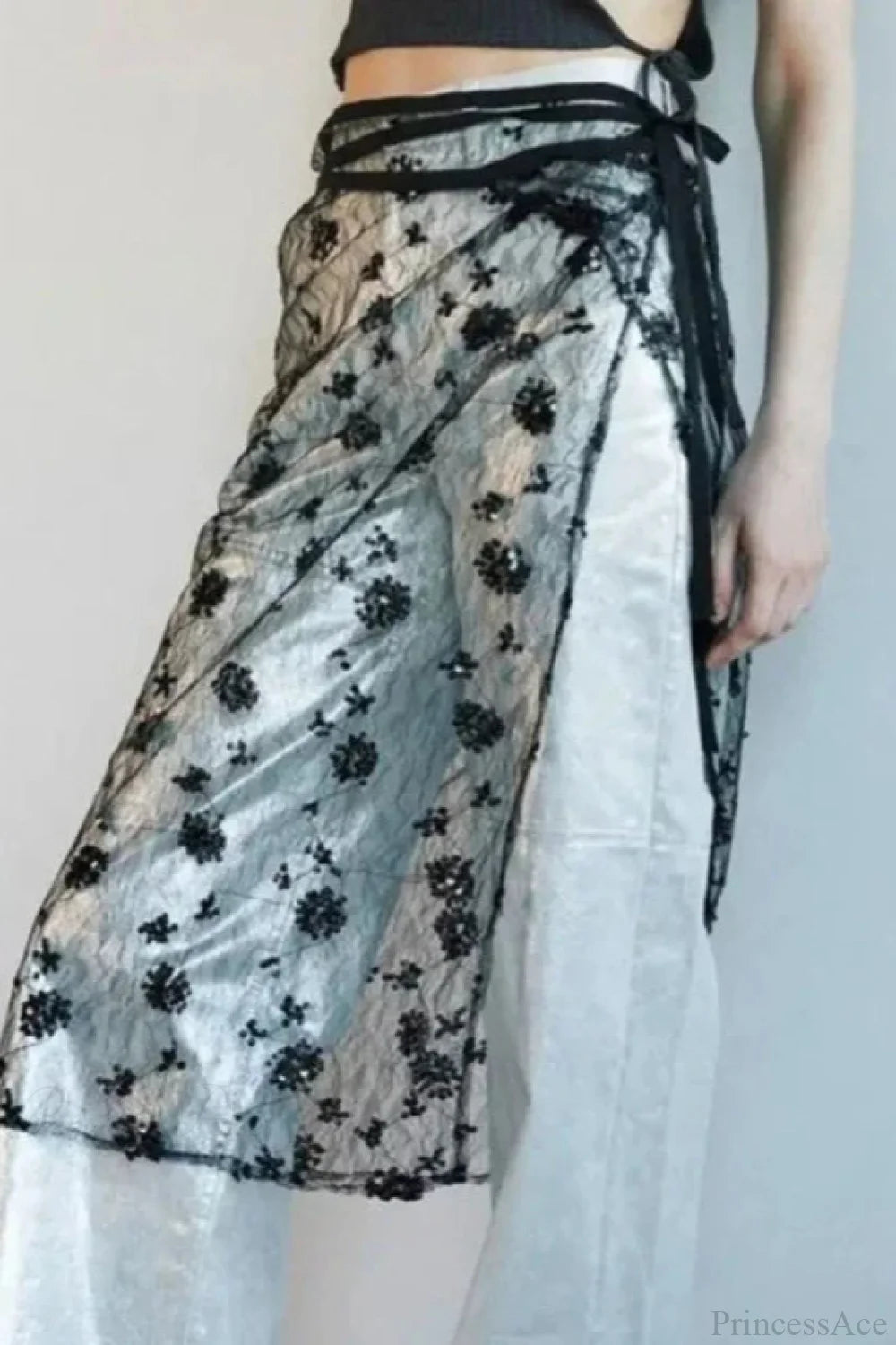 Aesthetic See Through Sequins Flower Lace Long Apron Skirt BLACK1 / One Size skirt-250126