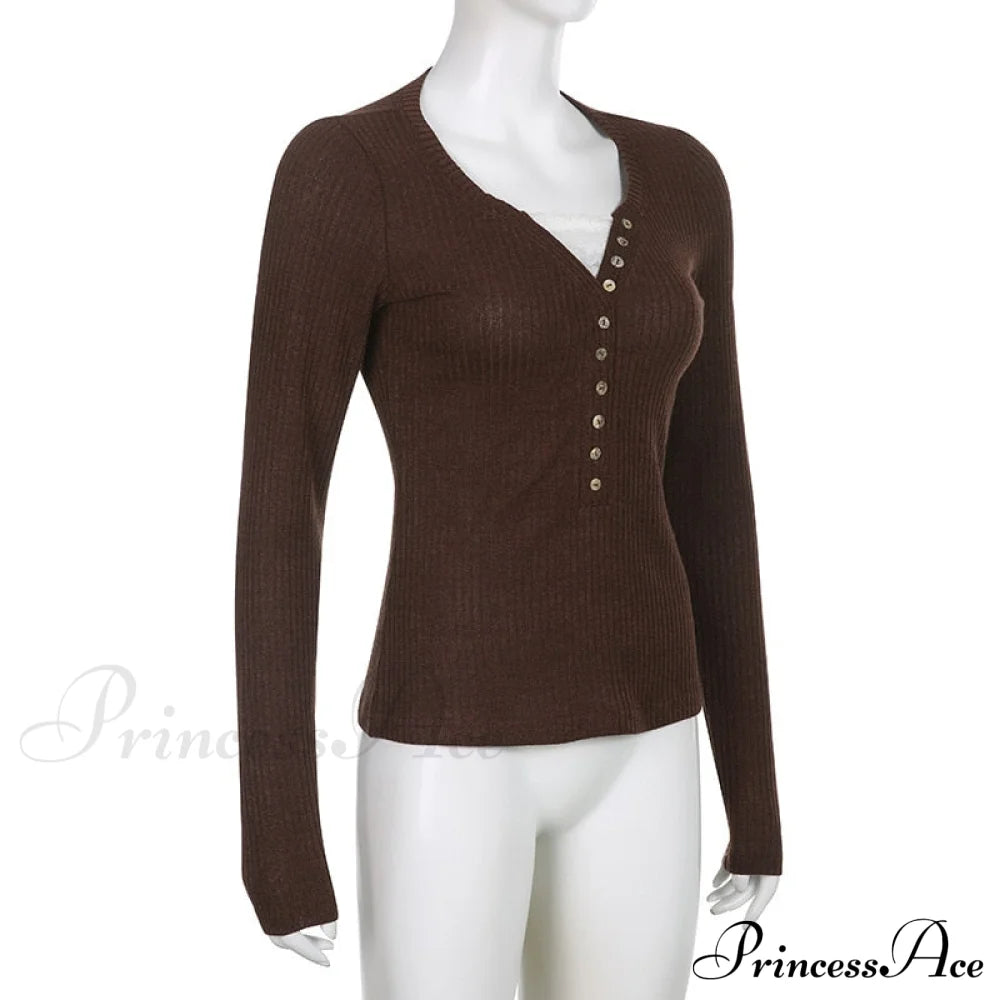 Aesthetic Up Ribbed Lace Arm Patchwork Retro Tops Y2K Skinny Casual Grunge Button Long Fairy Women