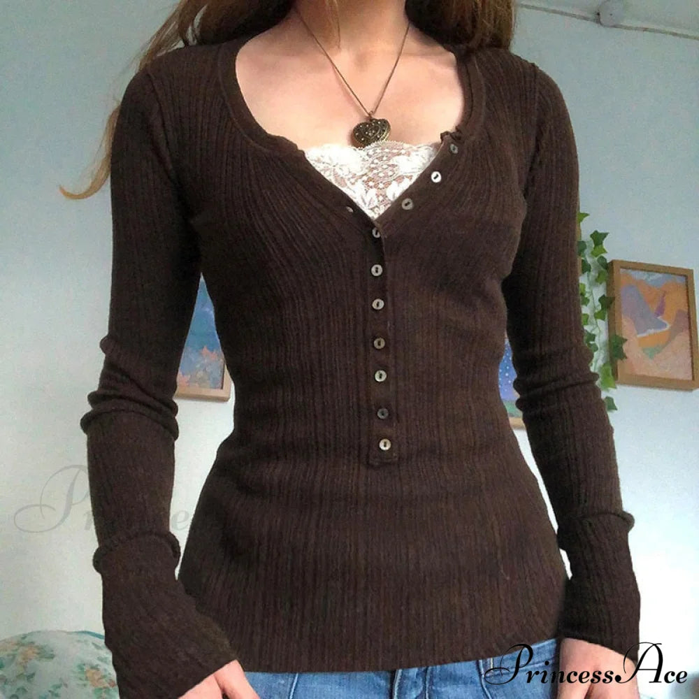 Aesthetic Up Ribbed Lace Arm Patchwork Retro Tops Y2K Skinny Casual Grunge Button Long Fairy Women