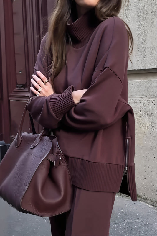 Asymmetric Mock Neck Wide Leg Pants Set