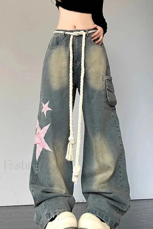 Wide Leg Patchwork Heart Jeans