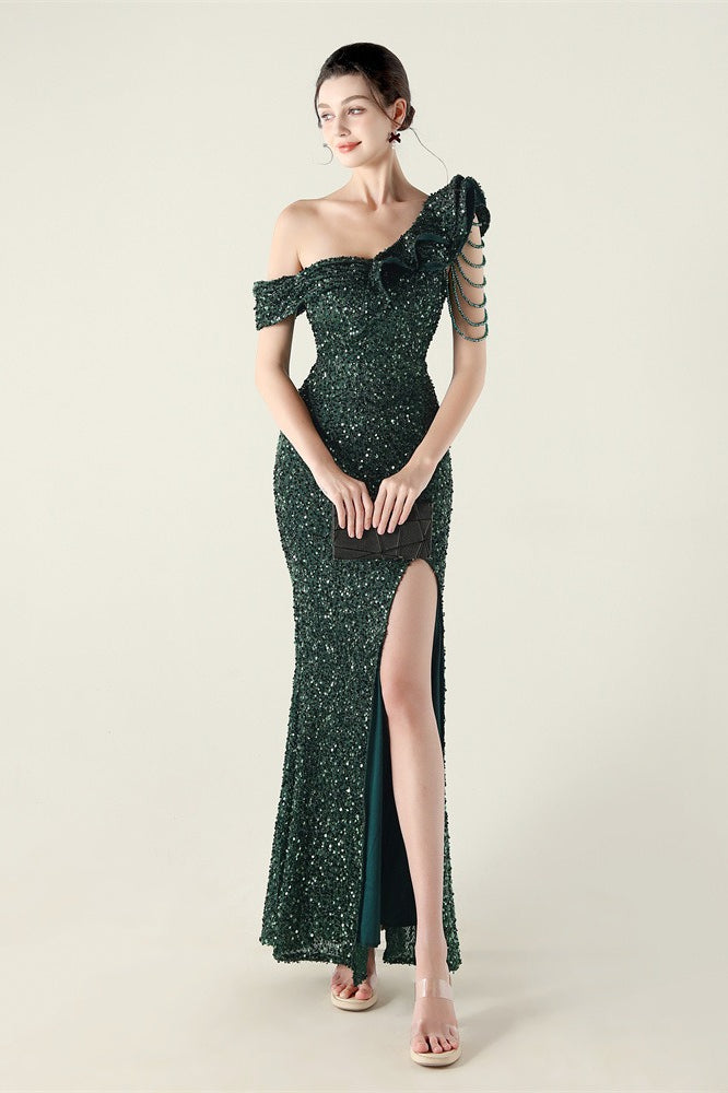 Draped One Shoulder Ruffle Formal Dress