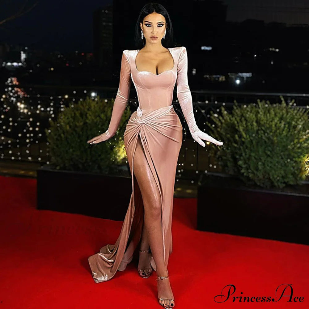 Aleah High Stylish Slit Velvet Dress Pink / S S.o. Long Dresses