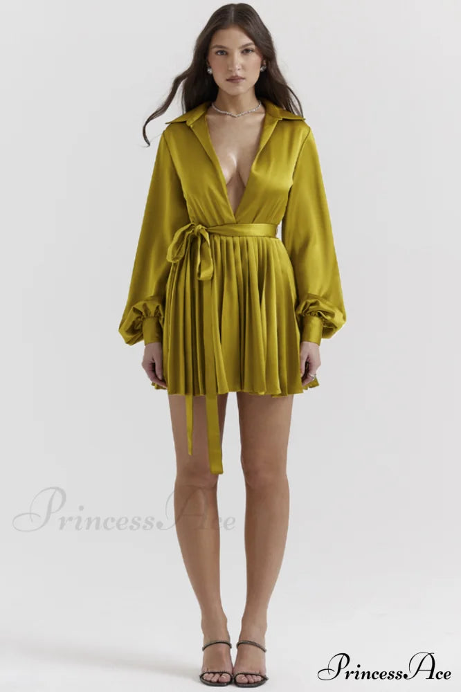 Allegra Chartreuse Stylish Pleated Shirt Dress