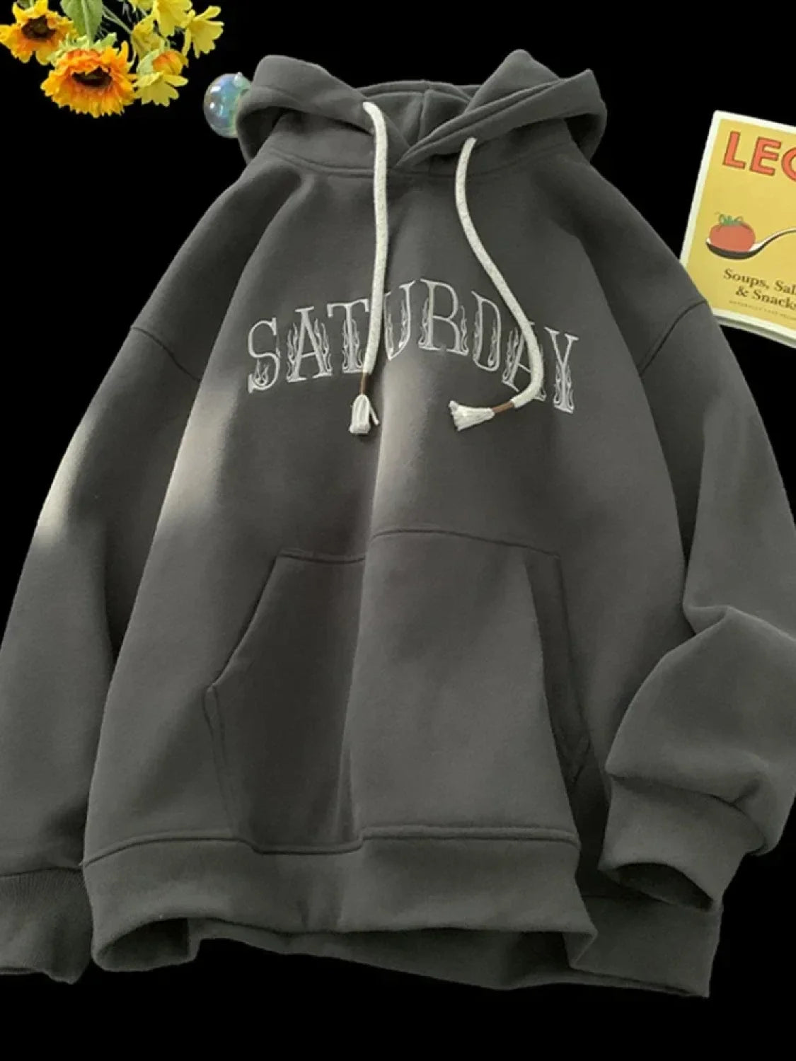 American Flame Print Fleece Y2K Hoodie Dark Grey / M(40-45KG)