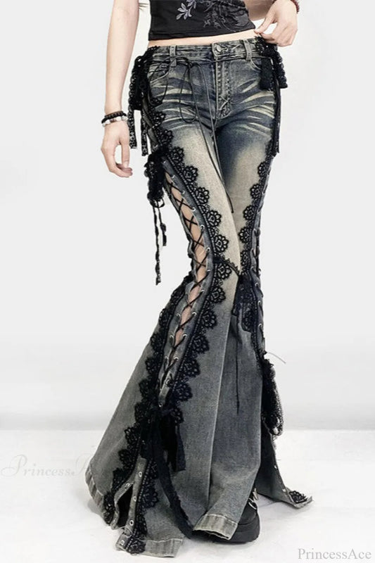American Retro Lace Strap Slit Bell-bottom Jeans Blue / S