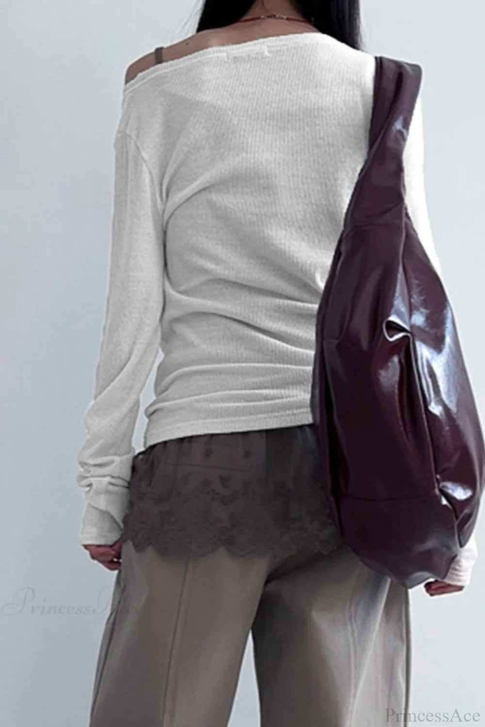 American Retro Oblique Collar Letter Print Long Sleeve Tee