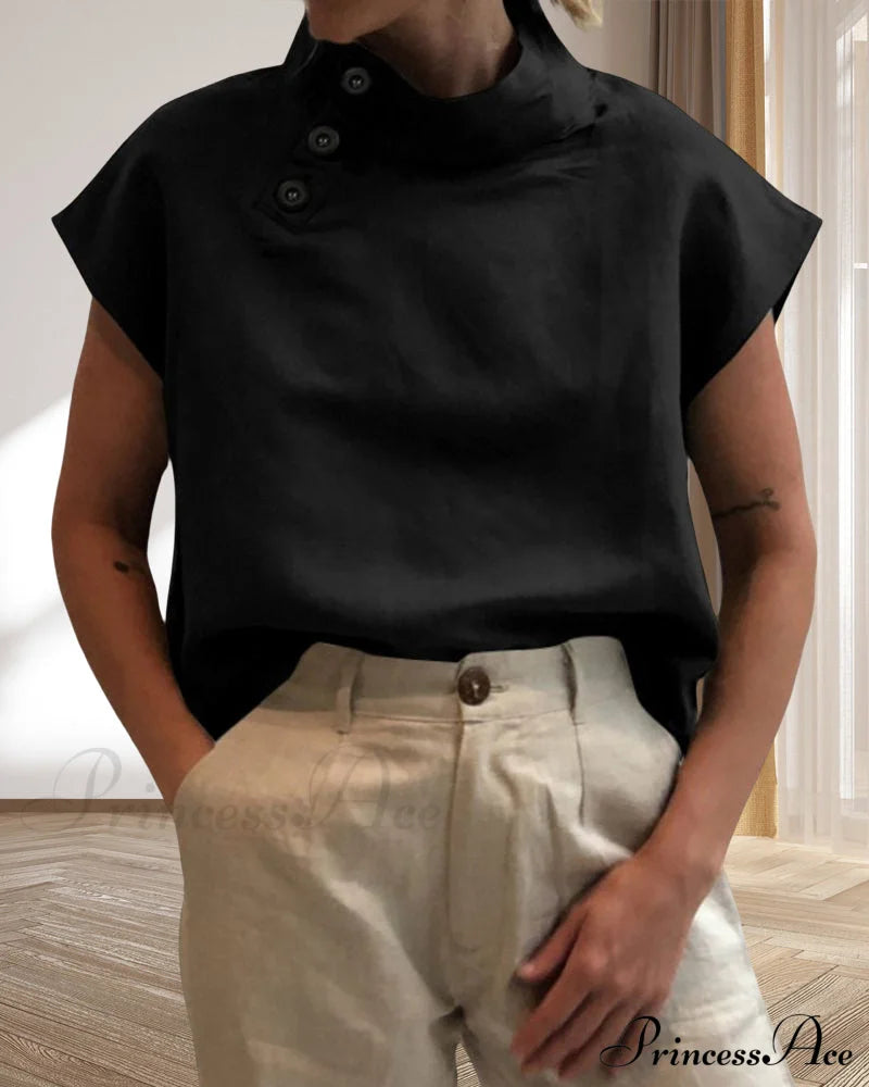 Cotton & Linen Button stand collar top Black 23BF clothes Cotton and Linen Short Sleeve Tops T-shirts Tops/Blouses