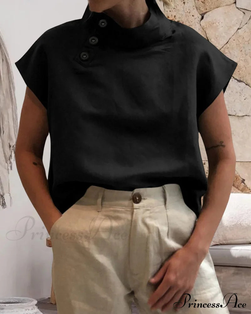 And Cotton Neckline Button Linen Stand Top T-Shirts