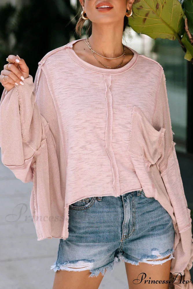 Pink Exposed Seam Chest Pocket Loose Sleeve Oversized Top Pink 65%Polyester+35%Cotton clothes Color Pink Craft Patchwork Early Fall Collection EDM Monthly Recomend Fabric Ribbed long sleeve top Occasion Daily Print Solid Color Season Fall & Autumn Style Southern Belle top tops