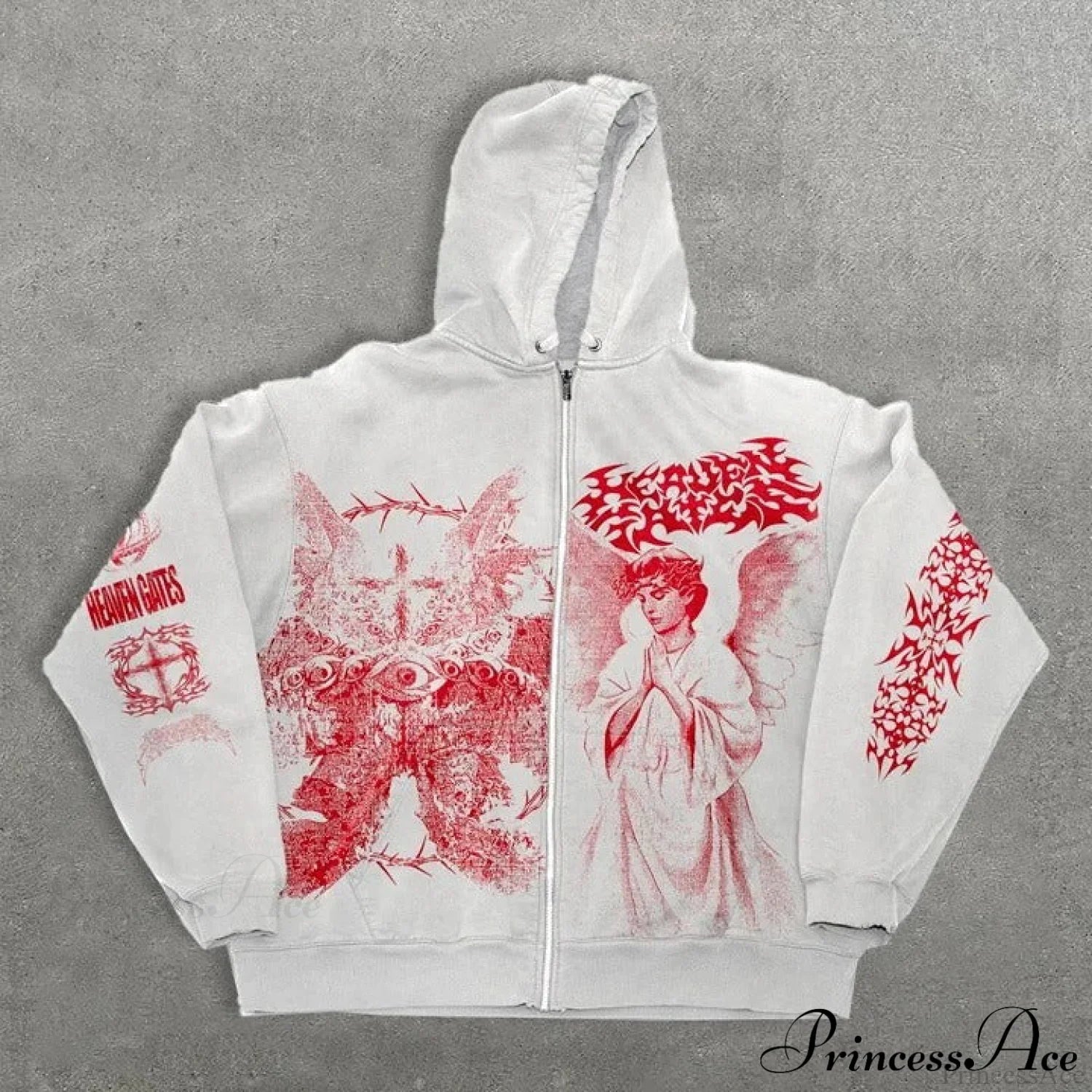 Angel Print Y2K Zip Loose Hoodie Red / XS