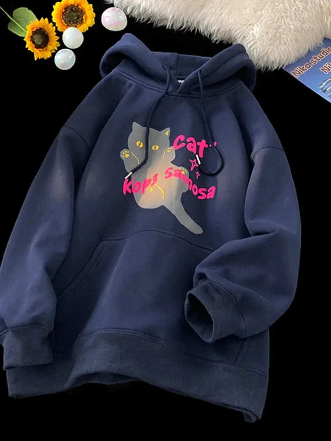 Anime Kawaii Cat Graphic Retro Hoodie Navy Blue / M(40-45KG)