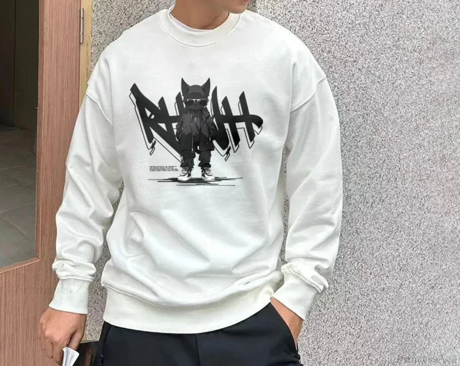 Anime Print Fleece Vintage Sweatshirt White gray / M(40-50KG)