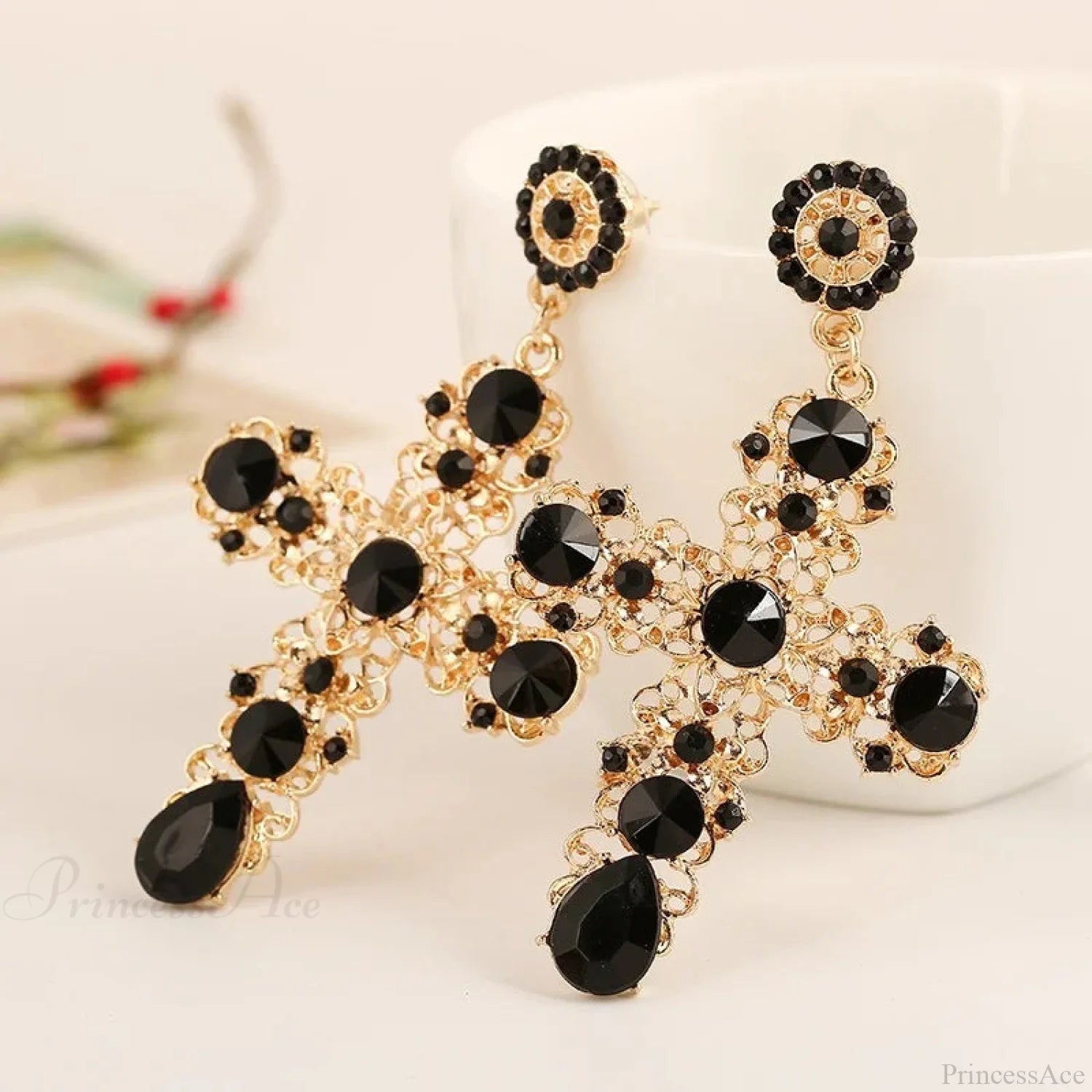 Antique Crystal Cross Baroque Dangle Earring Black