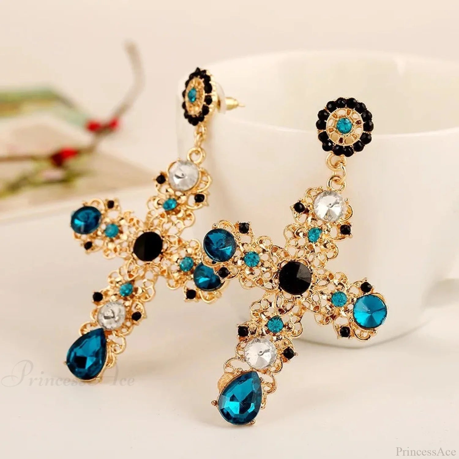 Antique Crystal Cross Baroque Dangle Earring Dark blue
