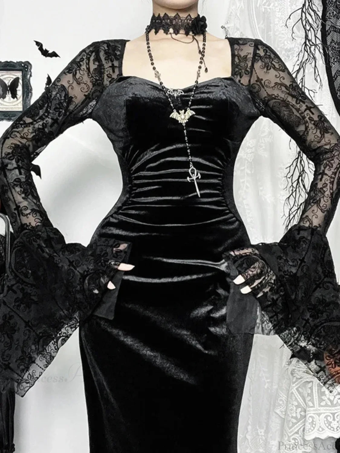 Antique Flare Sleeve Square Collar Full-Length Dress