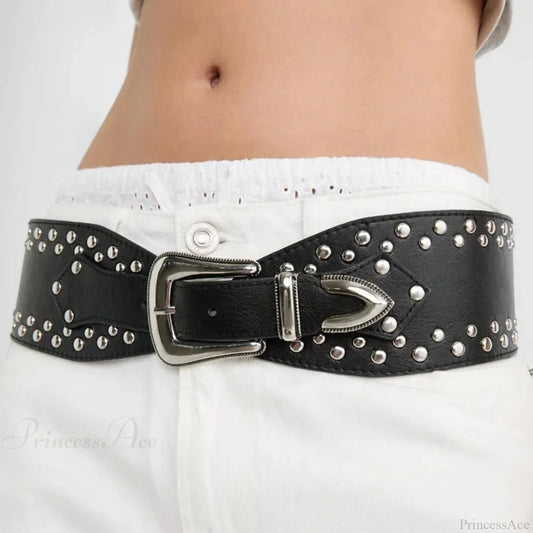 Antique Gothic Rivet Rebel Wide Belt Black / 100cm