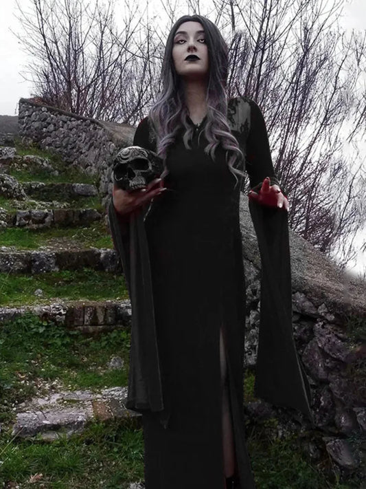 Antique Halloween Lace Patchwork Flare Sleeve Maxi Attire Black / S