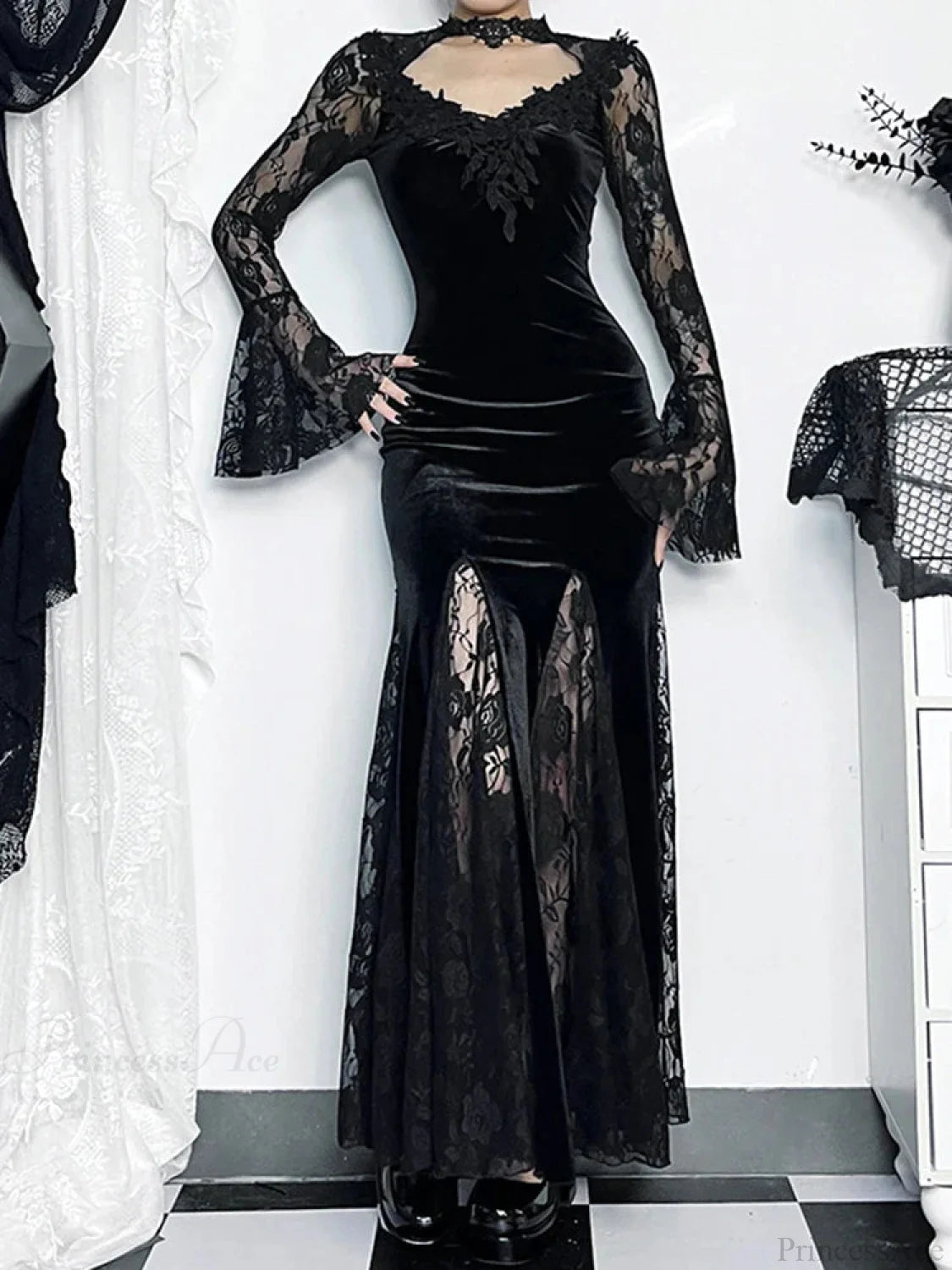 Antique Lace Flare Sleeve Midi Dress