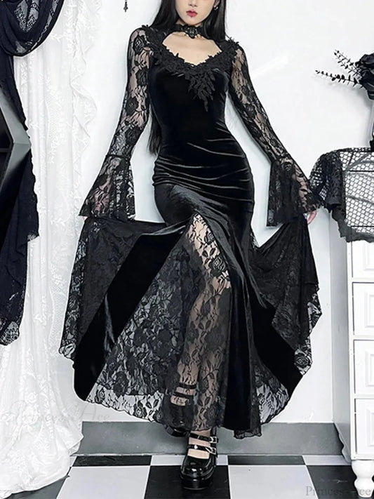 Antique Lace Flare Sleeve Midi Dress Black / S