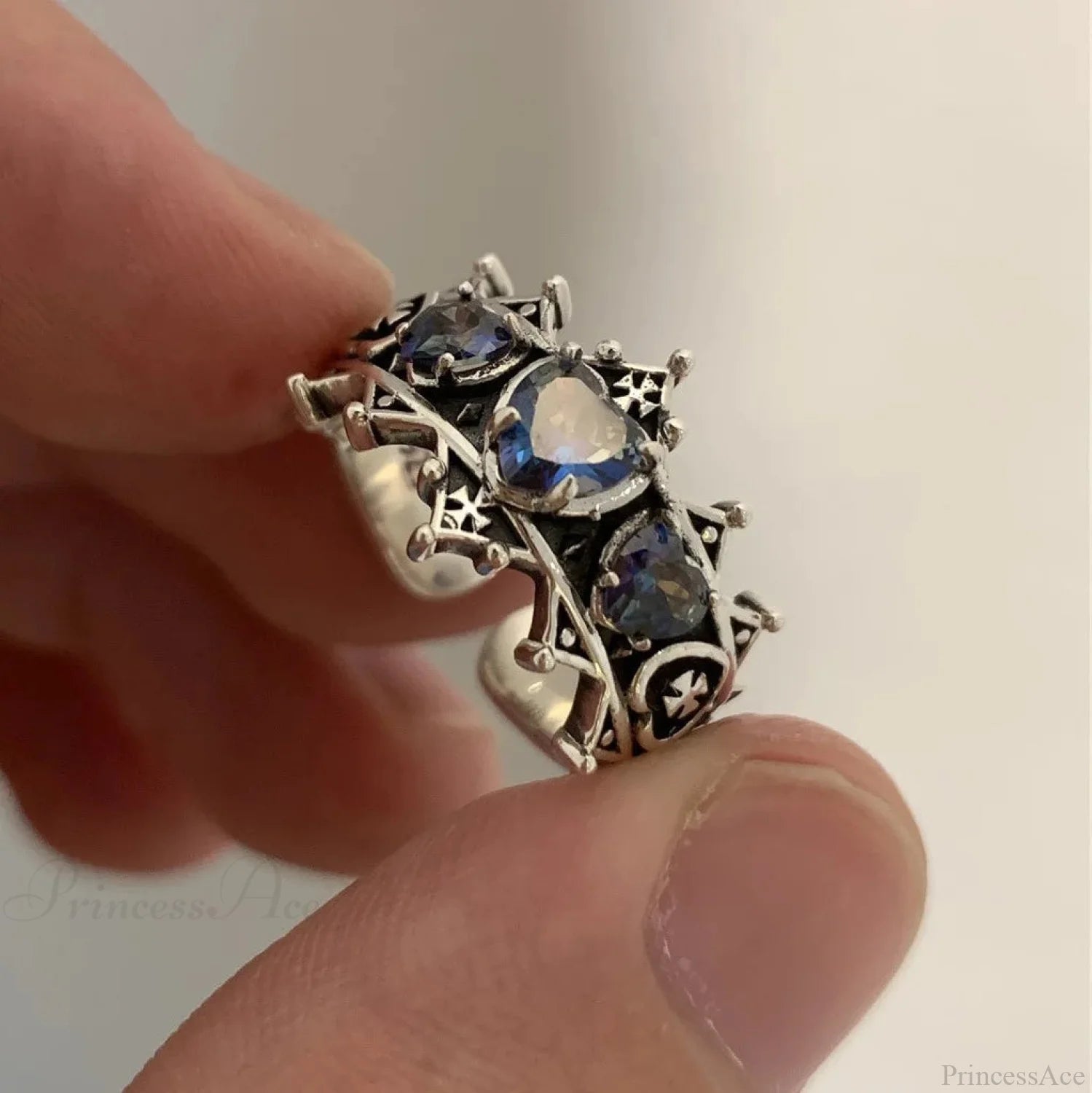 Antique Mysterious Heart Cross Ring resizable / Blue