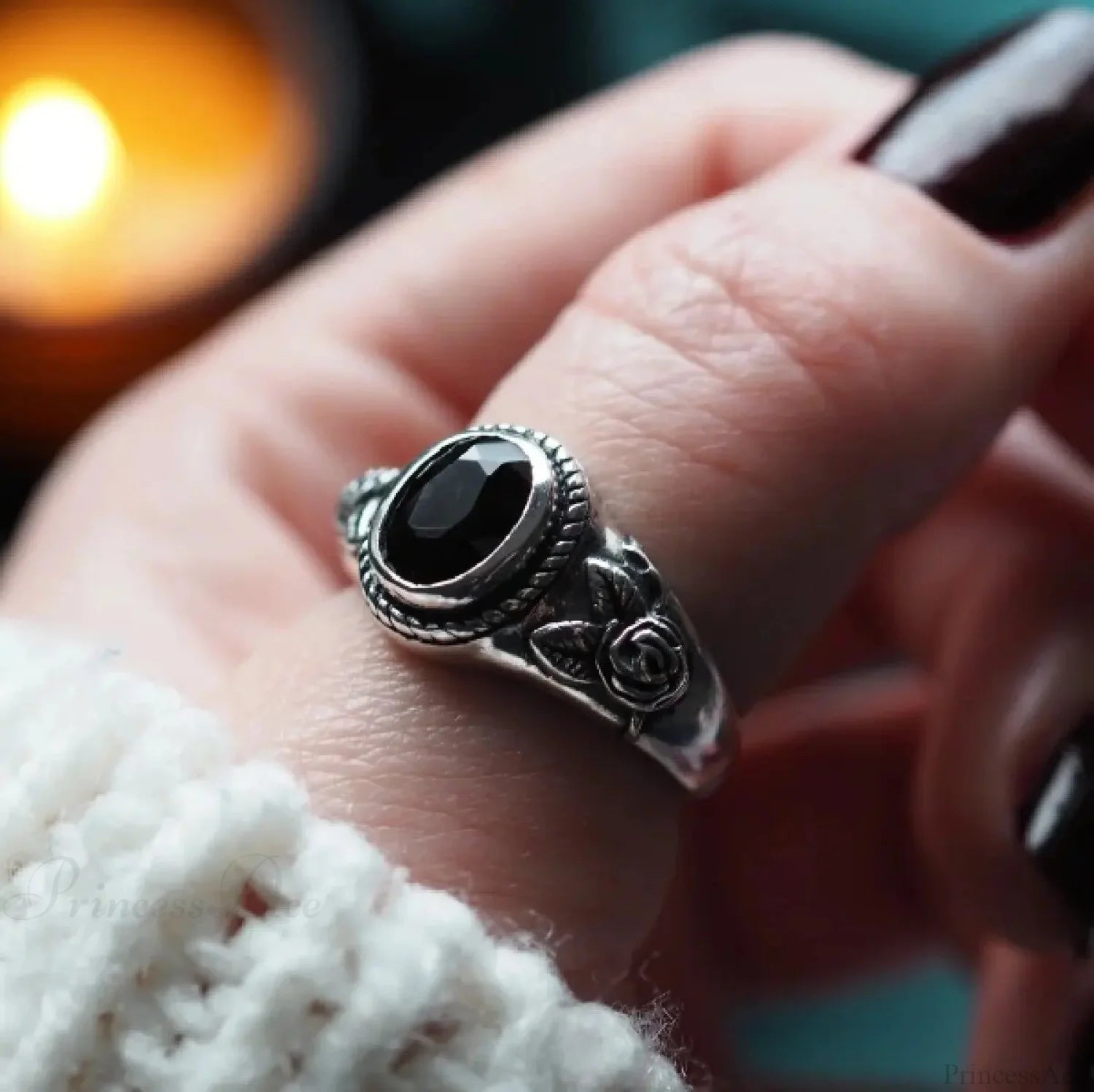 Antique Pink Gothic Ebony Gemstone Ring 6 / Black