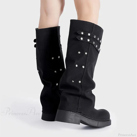 Antique Rivet Clasp Gothic Thigh-High Boot Black / 35