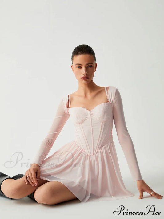 Aphrodite Mesh Bustier Corset Modern Long Sleeve Short Dress Pink / Xs Dresses
