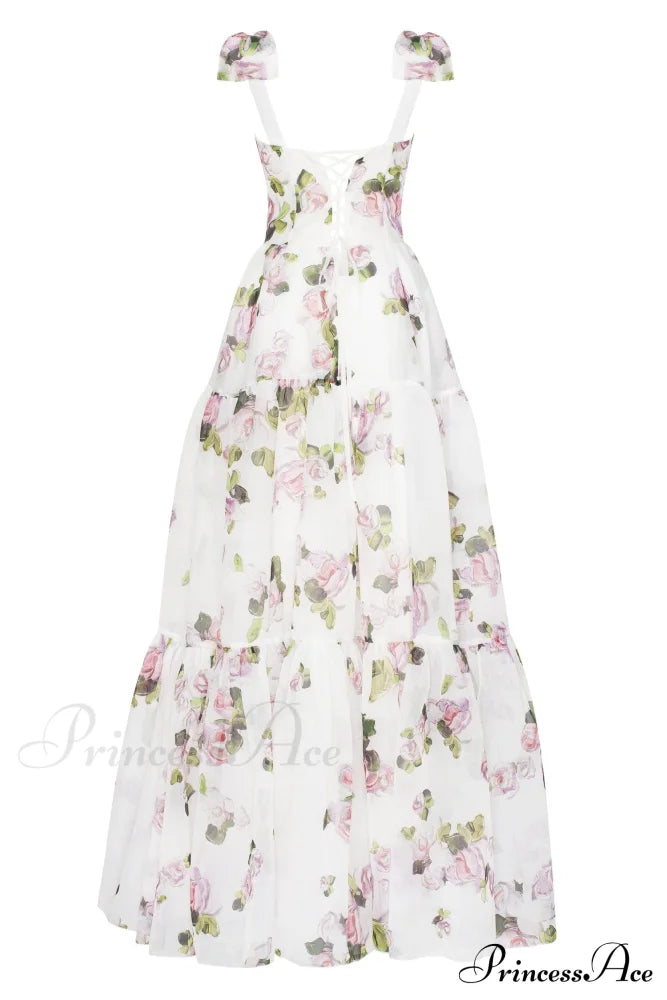 Apple Blossom Tender Charming Floral Maxi Tie-Strap Dress