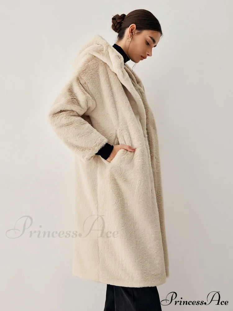 Apricot Faux Fur Trendy Hooded Longline Coat Fleece Jackets