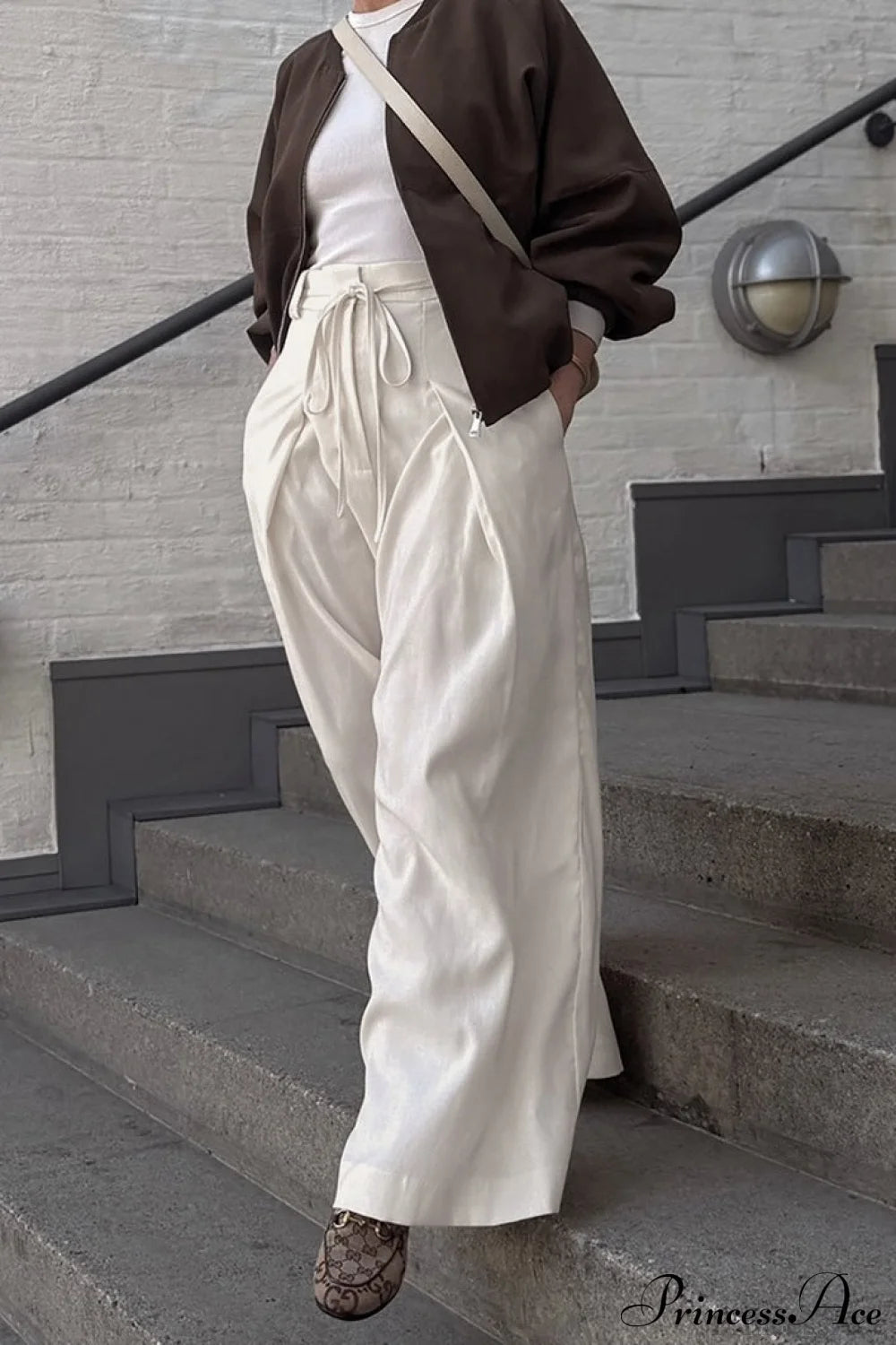 Apricot High Waist Drawstring Pleated Pants