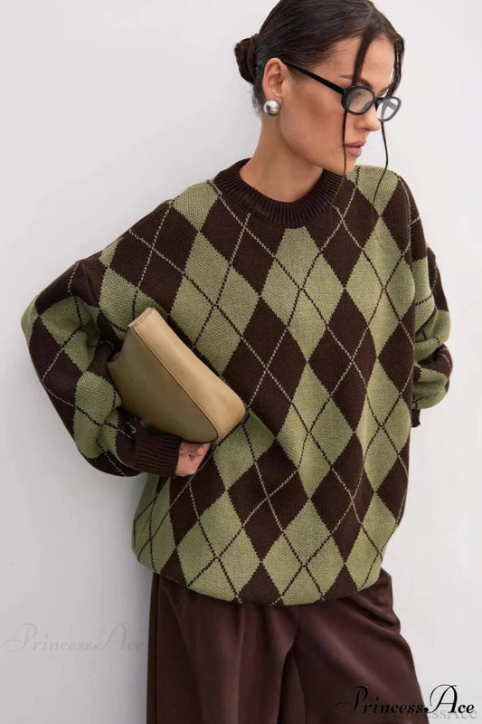 Argyle Crew Neck Oversized Pullover Sweater