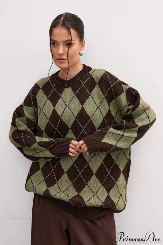 Argyle Crew Neck Oversized Pullover Sweater Green / S