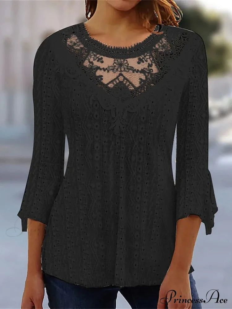 Arm Blouse Neck Black Pink Round White Lace 3/4 Casual Women’s Regular S /