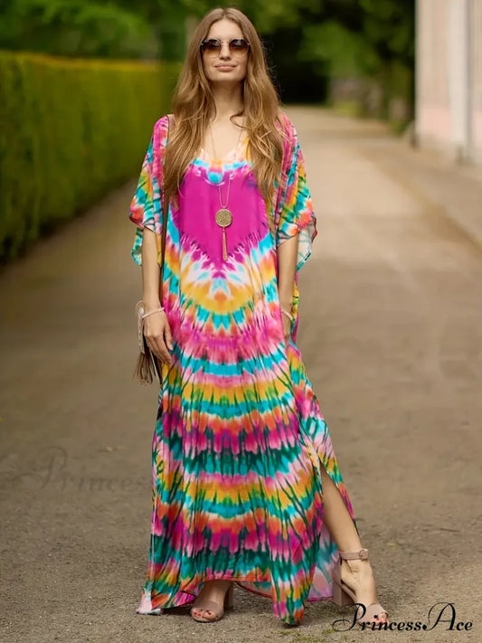 Arm Colorful Bat V Gown For Heart Neck Summer Pink Colorful Print Dress